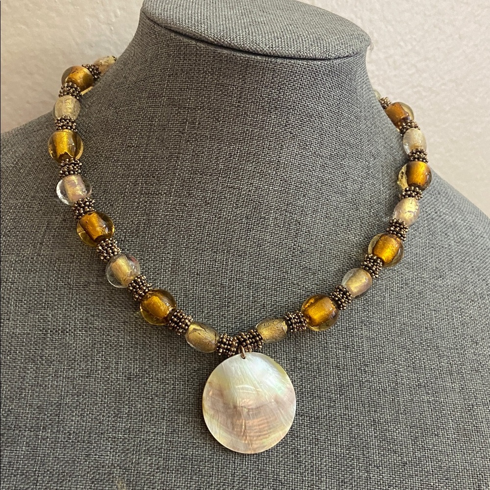 Vintage Artisan Venetian Glass & Mother of Pearl Pendant Necklace